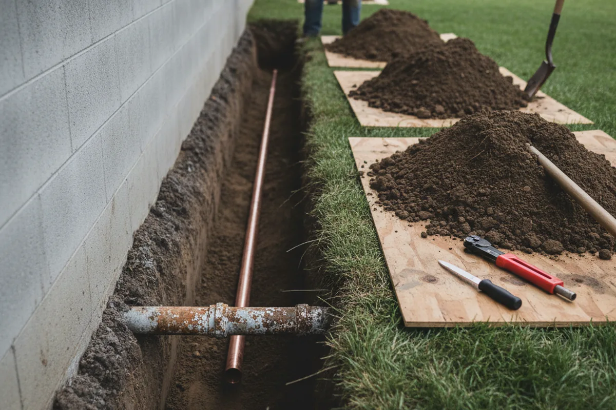 Excavated water line trench during Water Heater Repair in Wareham